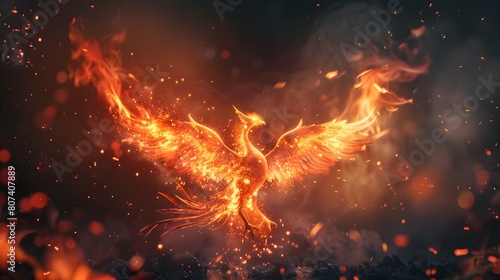 Fire bird phoenix emerging from ashes on a dark background © Ziyan