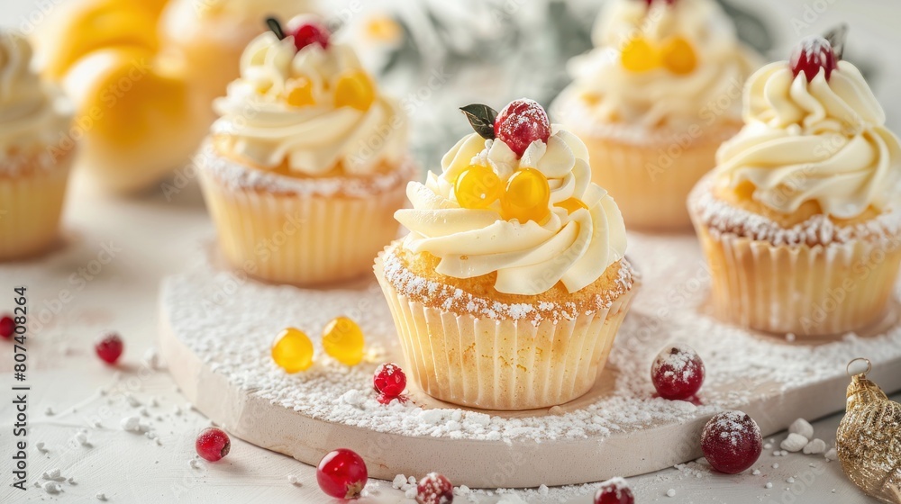 Custard cakes with butter cream on a light background. Home delivery. Festive concept. Quarantine