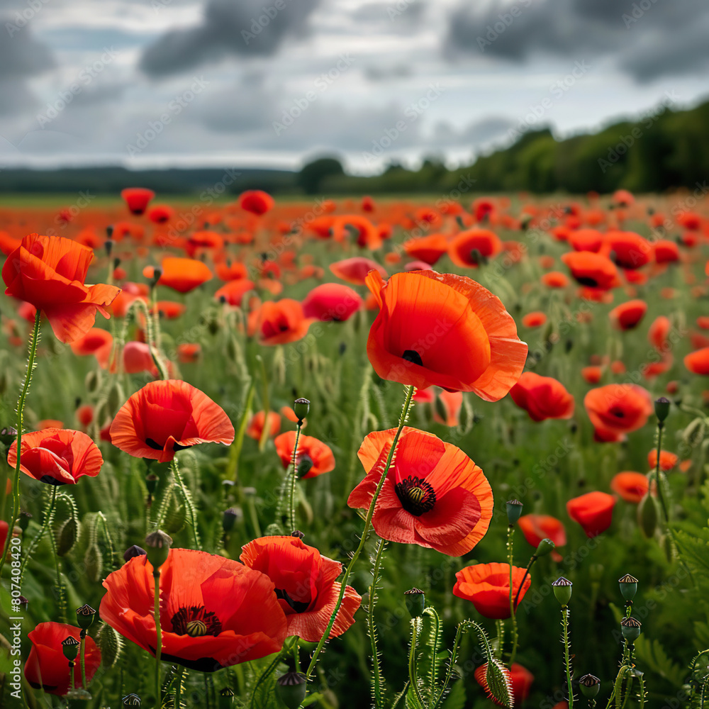 Obraz premium Golden Hour Splendor: Vibrant Red Poppy Field at Sunset. Generated by AI