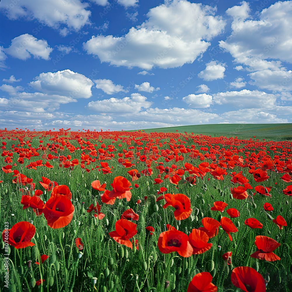 Fototapeta premium Sunset's Embrace: Radiant Red Poppy Field Glowing in Golden Light. Generated by AI