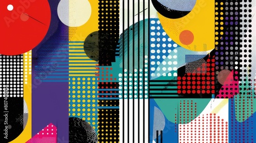 Colorful geometric shapes with halftone dots. AIG51A.