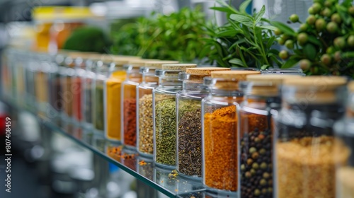 food lab organization, spices and ingredients in glass containers are neatly arranged in a food standard lab, ensuring precise measuring and testing of food products photo