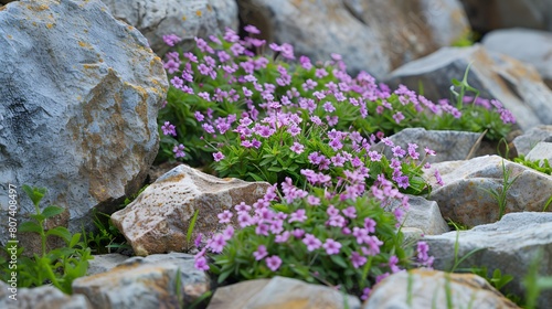 Flowering herbs among rough stones
