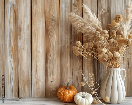 Rustic Fall themed backdrop, white distressed wood panels, dried flowers and pumpkins on side photo