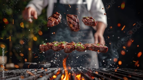 Flying beef steaks above the grill with chef on background. Concept of food preparation, grill and barbecue photo