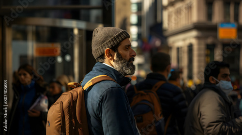 Bearded man with a backpack in a busy city setting during winter