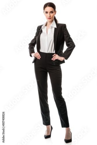 Confident young female executive in a sleek black business suit, striking a pose with hands on hips, against a clean white backdrop. Ideal for corporate and fashion themes © Minerva Studio