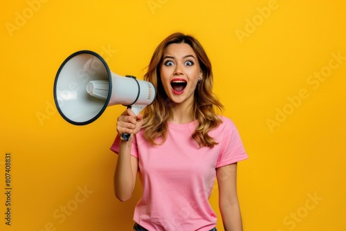 Captivating portrait of a lively young lady holding a megaphone, expressing excitement and surprise over a vibrant yellow background, embodying empowerment and communication