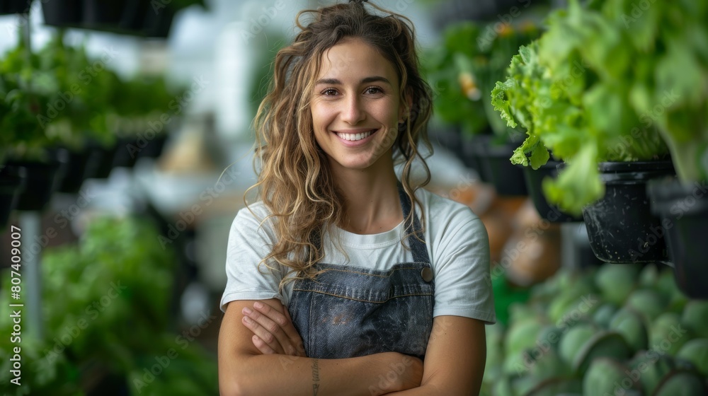 Charming woman in denim apron smiling in vibrant indoor garden, evoking themes of sustainable living and urban farming. Charming woman in denim apron smiling in vibrant indoor garden, evoking themes of sustainable living and urban farming.