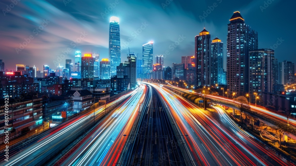 Vibrant cityscape with luminous traffic trails under twilight sky, evoking progress and fast-paced urban life, featuring sleek modern architecture. Vibrant cityscape with luminous traffic trails under twilight sky, evoking progress and fast-paced urban life, featuring sleek modern architecture.