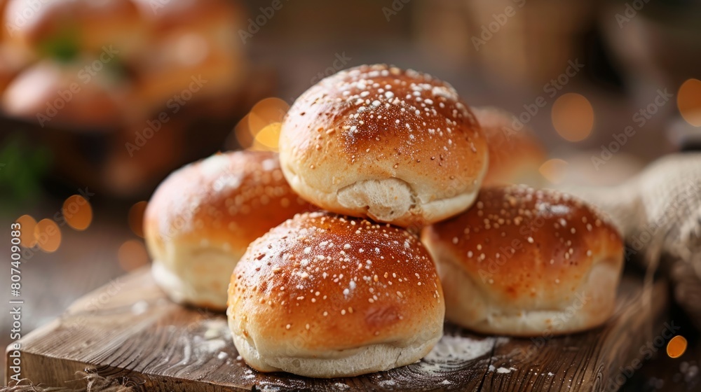 gourmet bakery display, a stack of warm bread rolls on a wooden table, epitomizing premium food products gourmet bakery display, a stack of warm bread rolls on a wooden table, epitomizing premium food products
