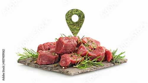 geoposition pointer made of fresh natural meat, isolate on a white background. the location of the butcher shop on the ground. butcher's shop, slaughterhouse, farm and factory of meat products photo