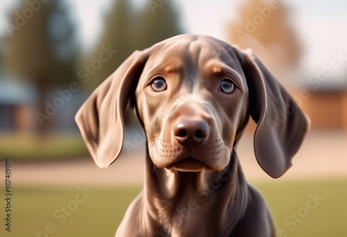 A realistic and detailed image depicting a cute playful dog or pet joyfully playing and looking happy, isolated on a transparent background. The focus is on a Brown Weimaraner young dog posing, captur