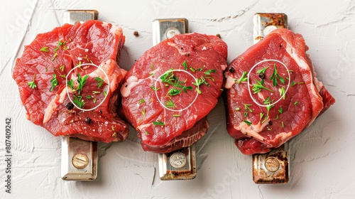 geoposition pointer made of fresh natural meat, isolate on a white background. the location of the butcher shop on the ground. butcher's shop, slaughterhouse, farm and factory of meat products photo