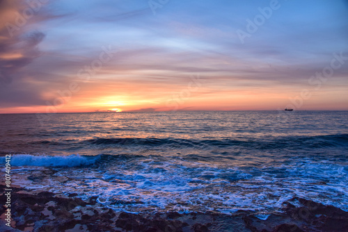 Sunset in Cyprus. View of Paphos coast at sunset. Evening landscape of Cyprus.