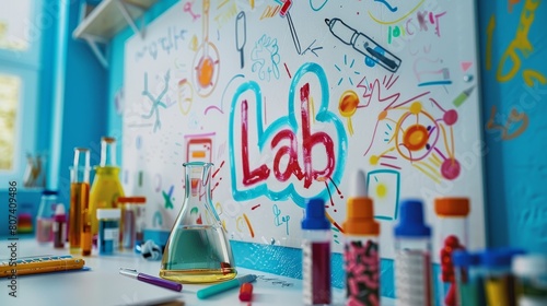 the whiteboard displays the word lab written in colorful markers, resembling a laboratory concept banner