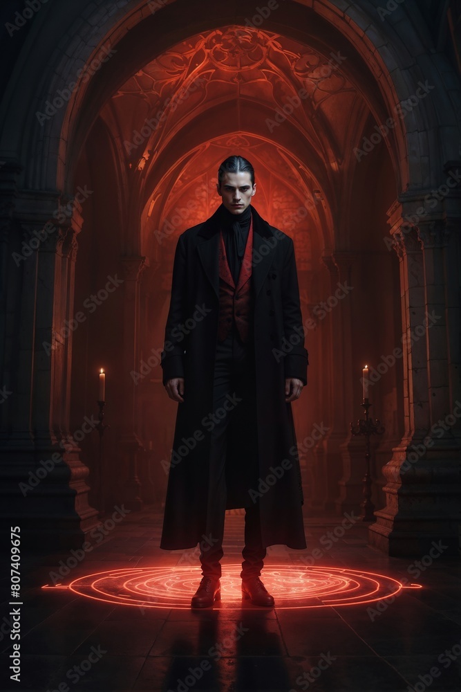 Mysterious Man in Red and Black Stands in Gothic Cathedral with Magical Circle