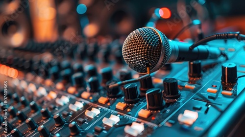 Close-up microphone and sound mixer in studio for sound record control system and audio equipment and music instrument, aesthetic look photo