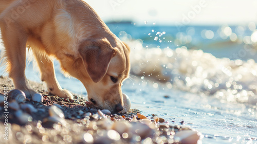 Cachorro curioso cheirando as conchas do mar - wallpaper HD photo