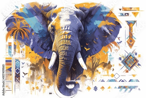 A colorful elephant in the style of abstract art, with vibrant colors and bold shapes. photo