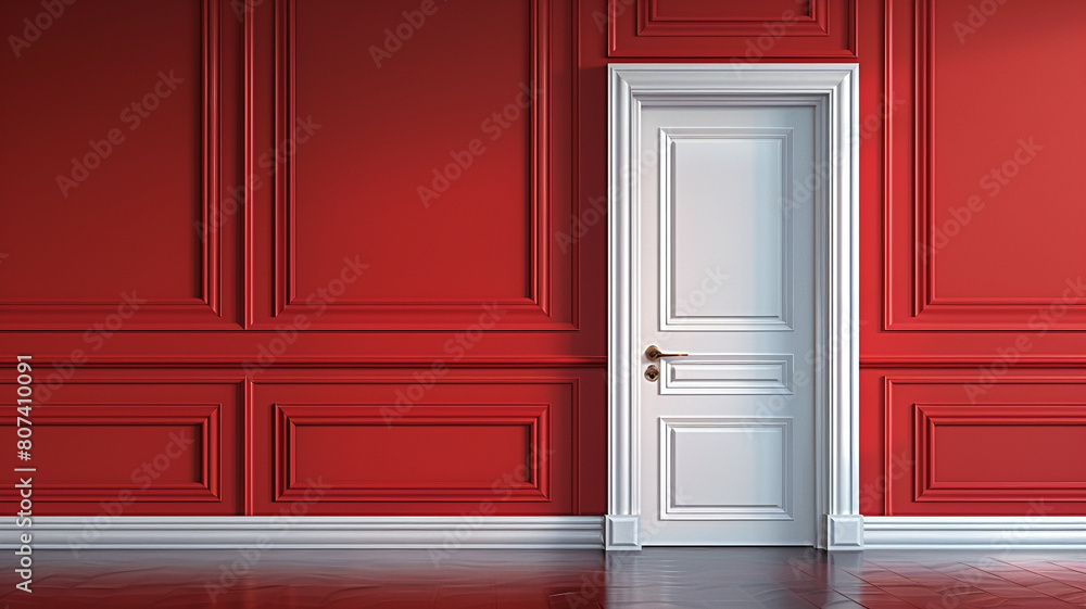 Closed White Door on red Wall, 3d rendering.