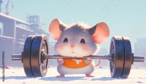 A cute little mouse doing weightlifting