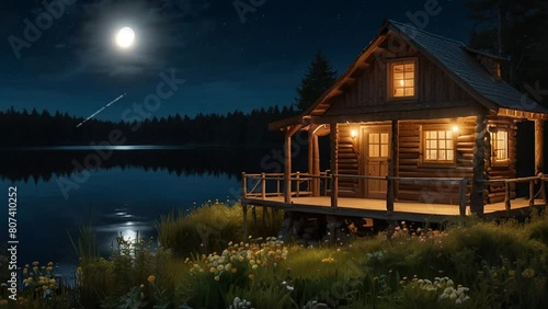 beautiful house at night beside the lake with a bright moon and falling meteors