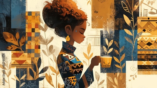 A beautiful black woman with an afro wearing geometric patterns in the stylized painting. Holds a mobile phone and appears to be surrounded by various shapes that create visual depth. 