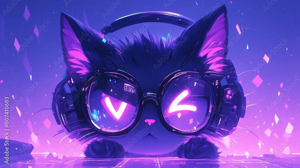 A cartoon cat with headphones and glowing eyes, synthwave, against an electric purple background. 