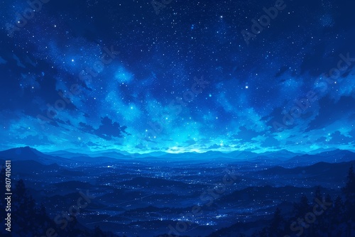 A breathtaking illustration of the night sky over mountains, with stars twinkling in the vast expanse above.