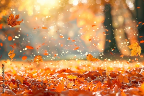 orange fall leaves in park, sunny autumn natural background - generative ai