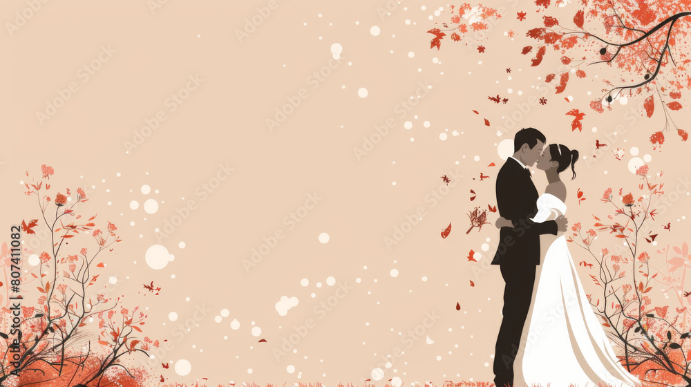 Obraz premium Illustration of a wedding couple embracing tenderly under a shower of autumn leaves, creating a romantic scene.