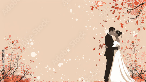 Illustration of a wedding couple embracing tenderly under a shower of autumn leaves, creating a romantic scene.