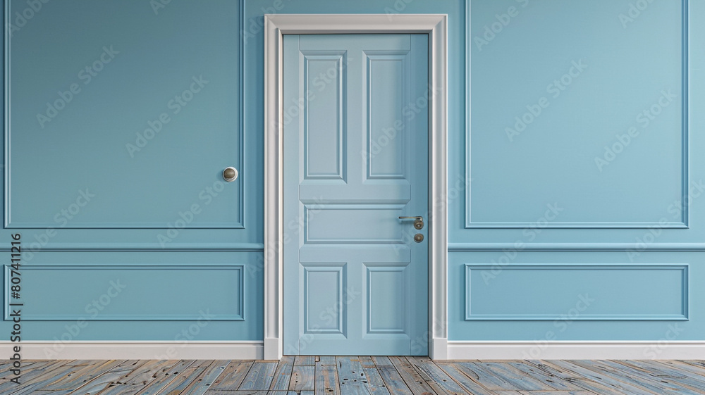 3D rendering light blue wall room with closed door. 3D rendering light blue wall room with closed door.