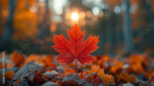 A vivid red maple leaf stands out against a blurred backdrop of golden autumn foliage  illuminated by a soft  glowing sunrise in a serene forest setting.