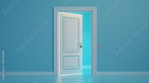 Open the door. Business concept. 3d render, white light inside open door isolated on blue background. Modern minimal concept.