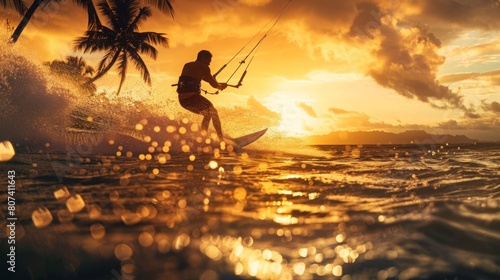 A man skillfully rides a surfboard on the crest of a large wave in the ocean. photo