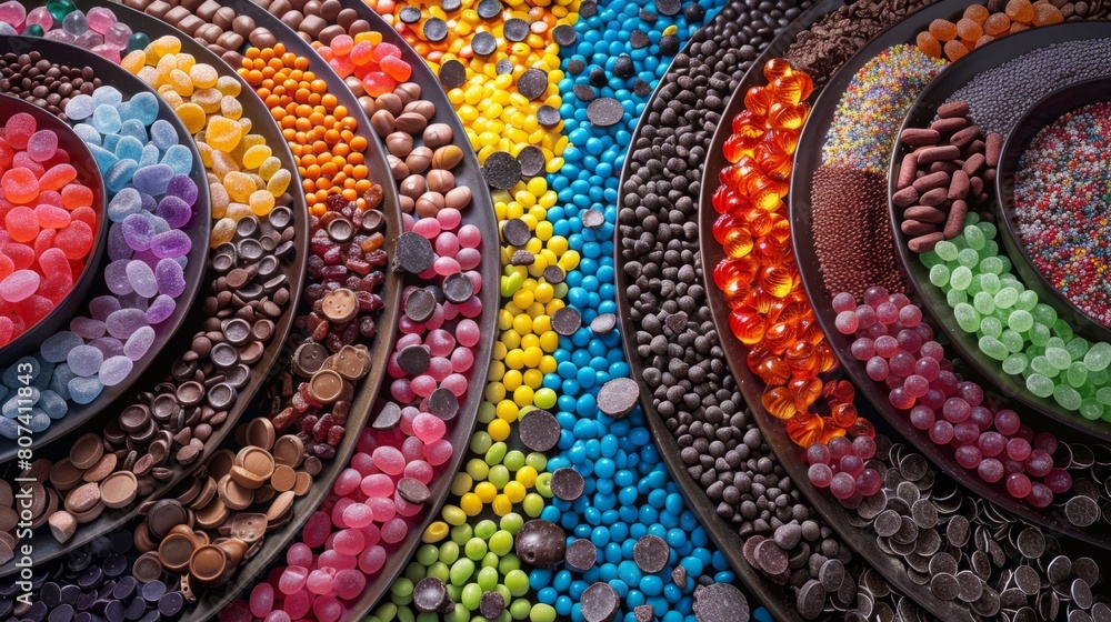 fantasy food display, the table is an eclectic mix of colorful jellybeans and chocolate coins, creating a surreal and vibrant food display that stirs the imagination fantasy food display, the table is an eclectic mix of colorful jellybeans and chocolate coins, creating a surreal and vibrant food display that stirs the imagination