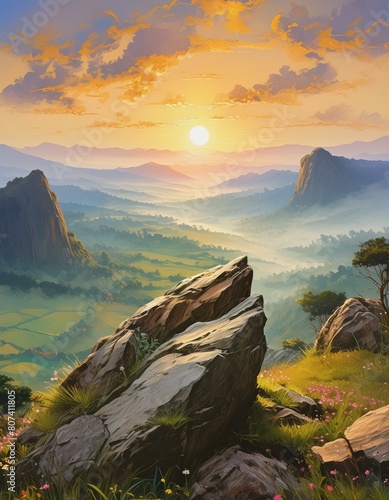 mountain rock with valley and sunrise background