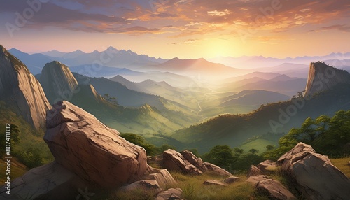 mountain rock with valley and sunrise background #807411832