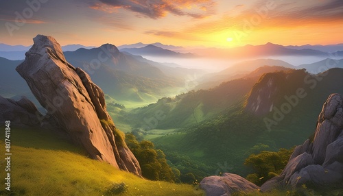 mountain rock with valley and sunrise background #807411848