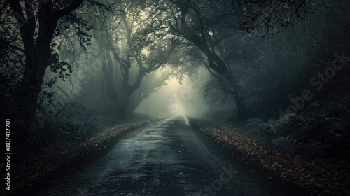 Ghost on the scary road in the paranormal world, Horrible dream, Strange forest in a fog, Mystical atmosphere, Dark wood, Mysterious road, Gothic witch, Background wallpaper, Gloomy times