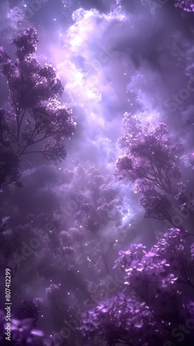Sunlight breaks through cumulus clouds in a purple sky, vertical background