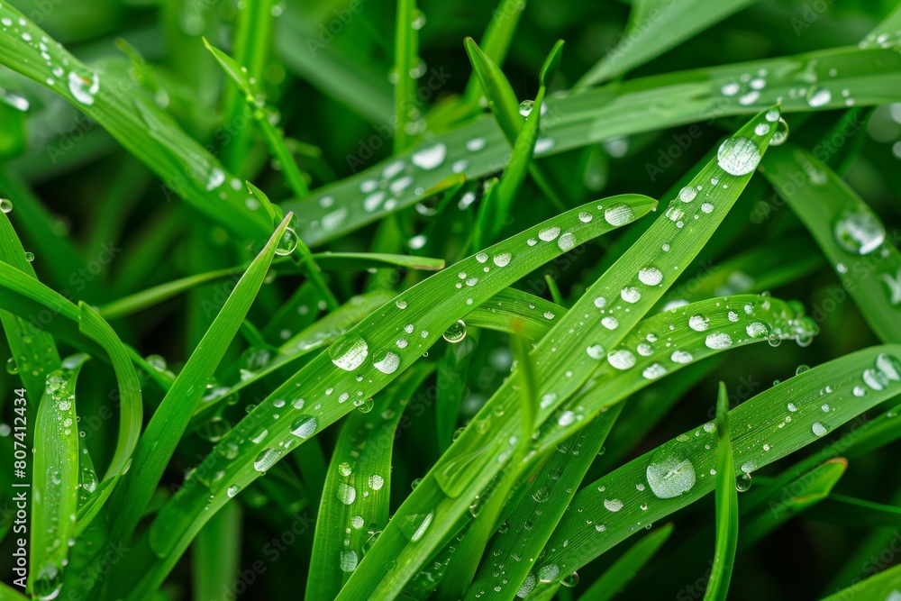 Nature's Jewels: A Macro View of Green Grass with Delicate Water Droplets. Nature's Jewels: A Macro View of Green Grass with Delicate Water Droplets.
