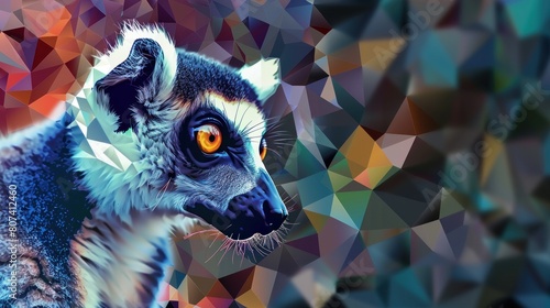 Abstract polygonal tirangle animal lemur on open space background. Hipster animal illustration AI generated photo