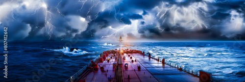 cargo ship boat in storm dark clouds on ocean