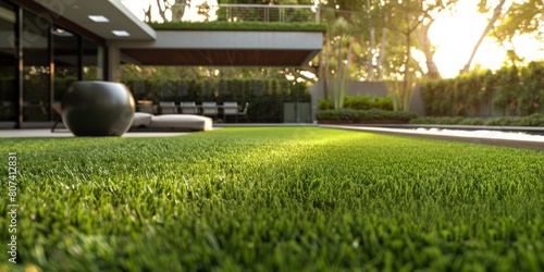 A lush green lawn with a black bowl and a patio area with a pool
