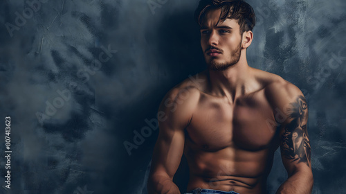 Muscular man with tattoos posing intensely in a dark  textured setting