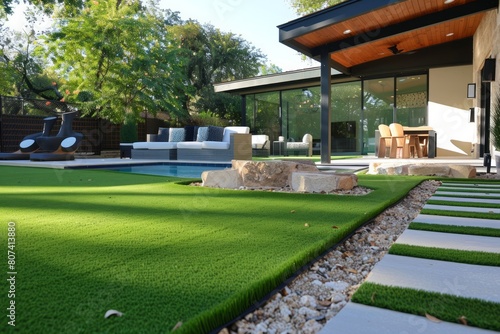 Paradise Retreat: A Lush Green Lawn with a Pool and Inviting Patio Area.