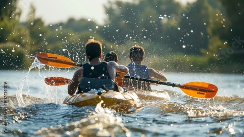 A group of individuals balancing on the back of a kayak as it glides across the water.